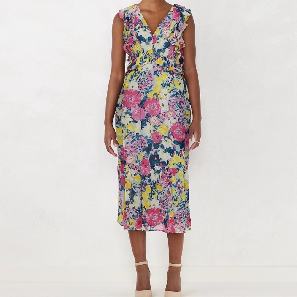Lauren Conrad Floral Ruffle Tie Back Feminine Dress Medium Yellow Pink Green